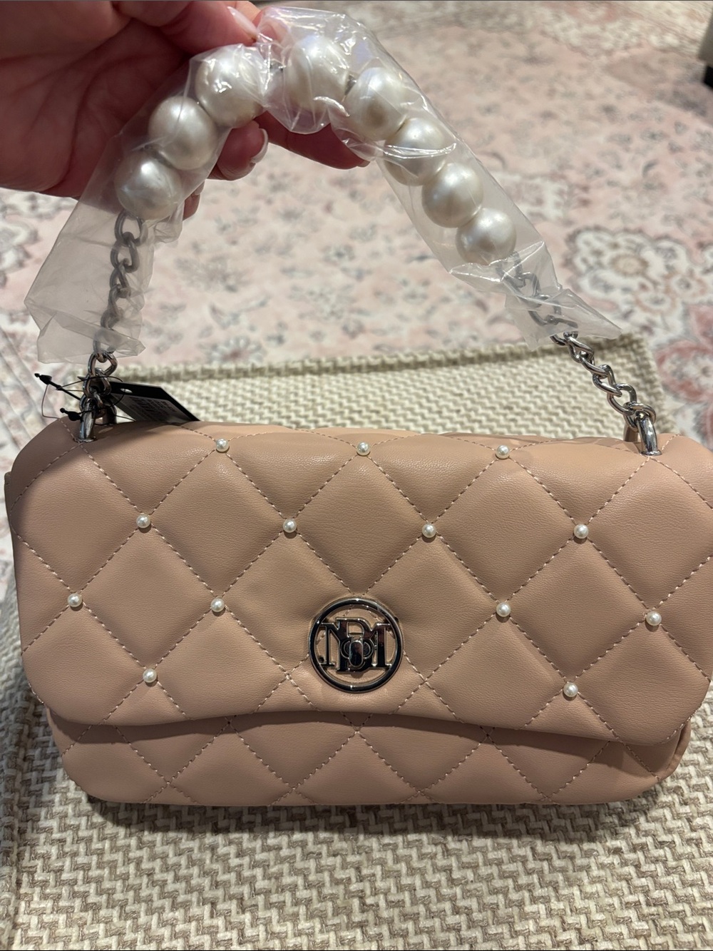 Quilted Pearl-Accent Shoulder Bag in Blush